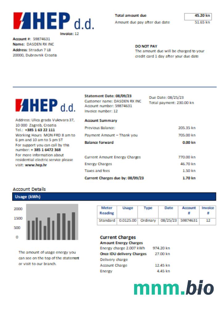 Hrvatska Elektroprivreda electricity rachunek za usługi komunalne